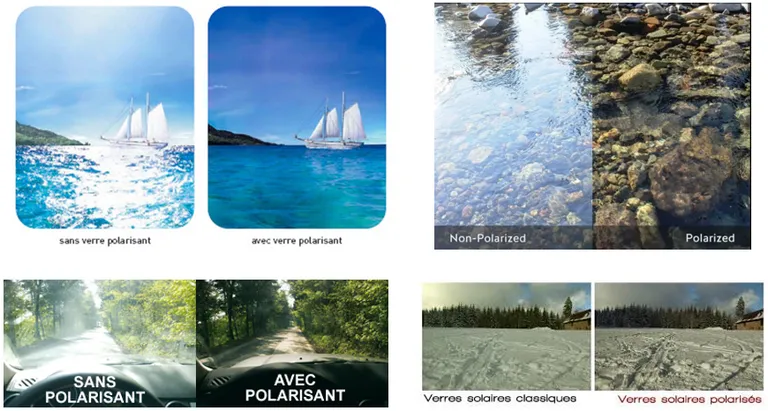 avec ou sans polarisation Avec ou sans polarisant, découvrez l'efficacité des verres polarisants. on voit l'éblouissement sur les images de droite, et les surfaces deviennent moins brillantes voire invisibles grâce au filtre polarisant