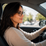 Femme qui conduit sa voiture, utilise ses lunettes achetées chez TOUT'Optique