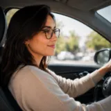 Femme qui conduit sa voiture, utilise ses lunettes achetées chez TOUT'Optique