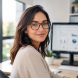 Femme brune devant son écran d'ordinateur, porte les lunettes d'un opticien à Nanterre
