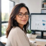 Femme brune devant son écran d'ordinateur, porte les lunettes d'un opticien à Nanterre